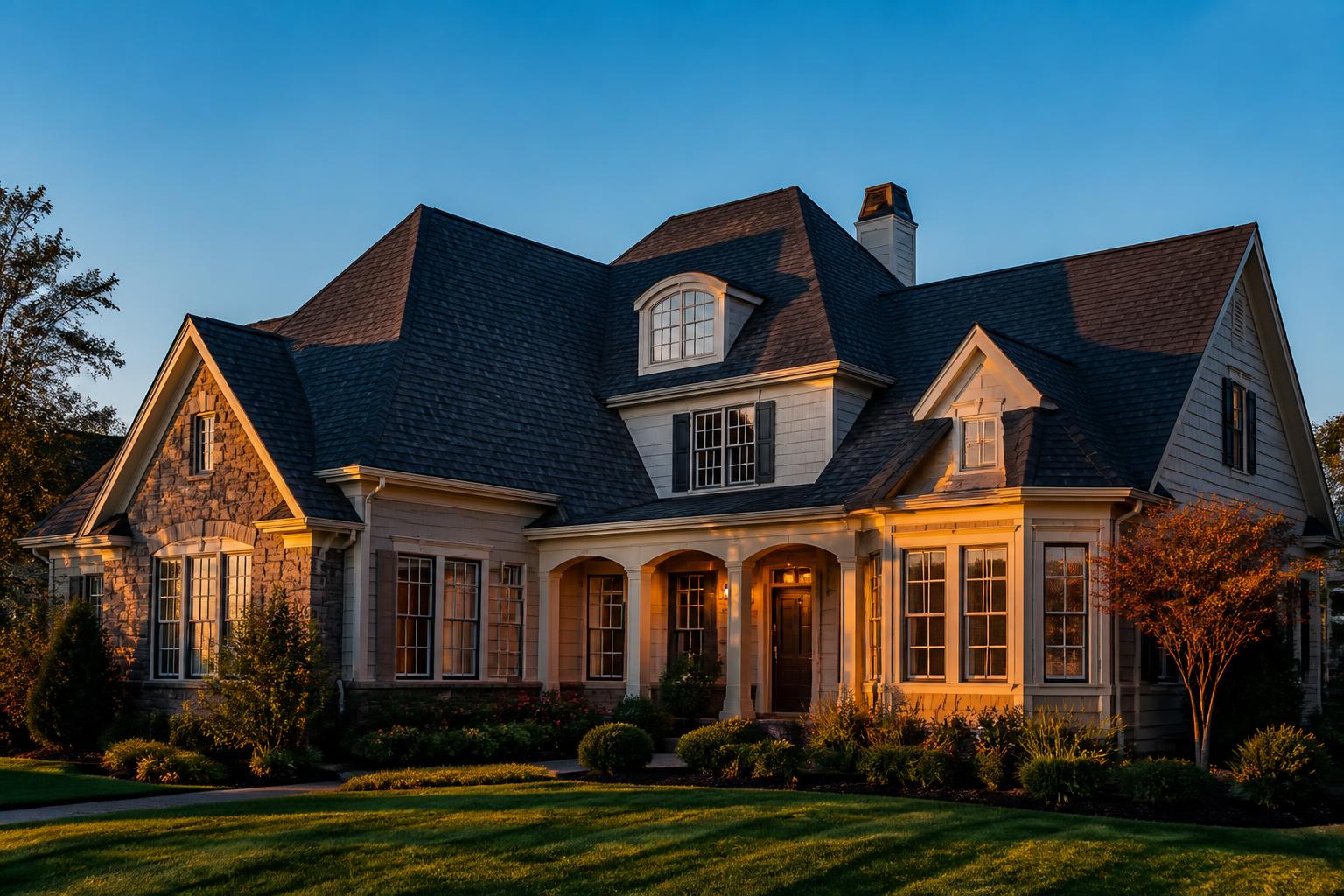 Premium Northern Virginia home with newly installed architectural shingle roof at golden hour